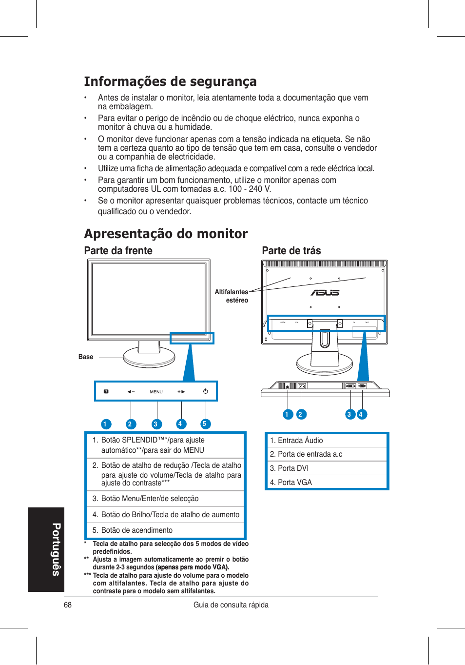 Informações de segurança, Apresentação do monitor, Portugu �s | Parte da frente parte de trás | Asus VW195 User Manual | Page 70 / 170