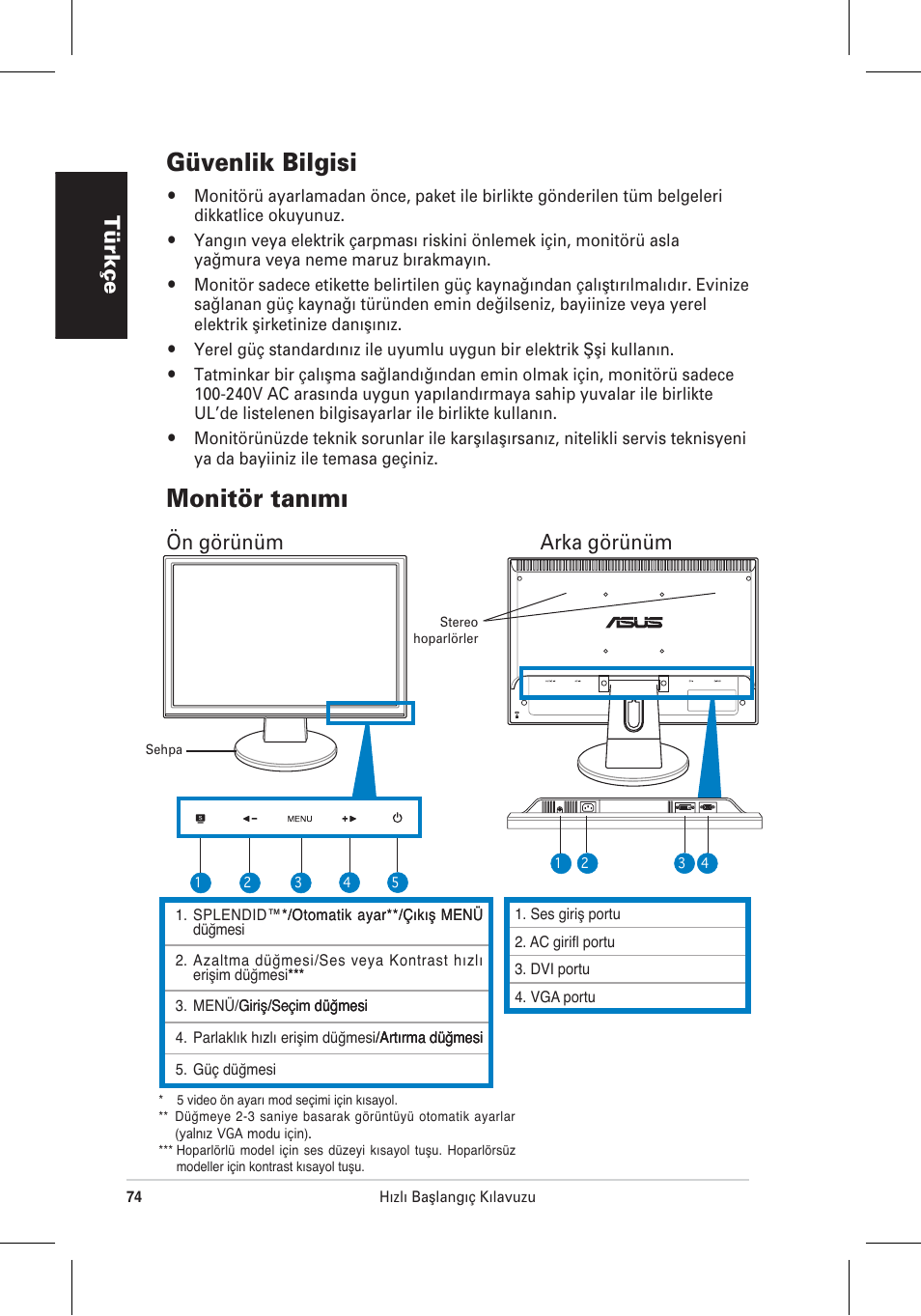 Güvenlik bilgisi, Monitör tan›m, Türkçe | Ön görünüm arka görünüm | Asus VW195 User Manual | Page 76 / 170