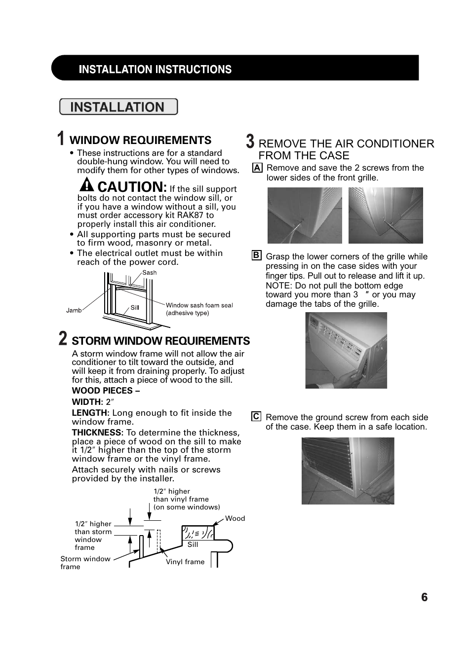 Caution, Window requirements, Storm window requirements | Remove the air conditioner from the case | Sharp AF-Q100RX User Manual | Page 7 / 24