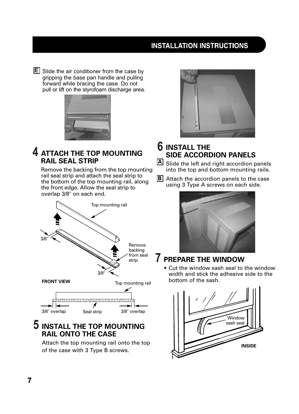 Attach the top mounting rail seal strip, Install the top mounting rail onto the case, Install the side accordion panels | Prepare the window | Sharp AF-Q100RX User Manual | Page 8 / 24