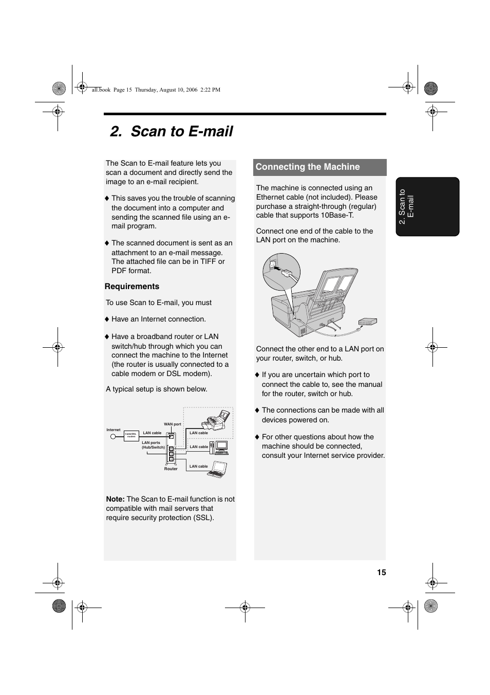 Scan to e-mail, Connecting the machine | Sharp UX-B800 User Manual | Page 17 / 74