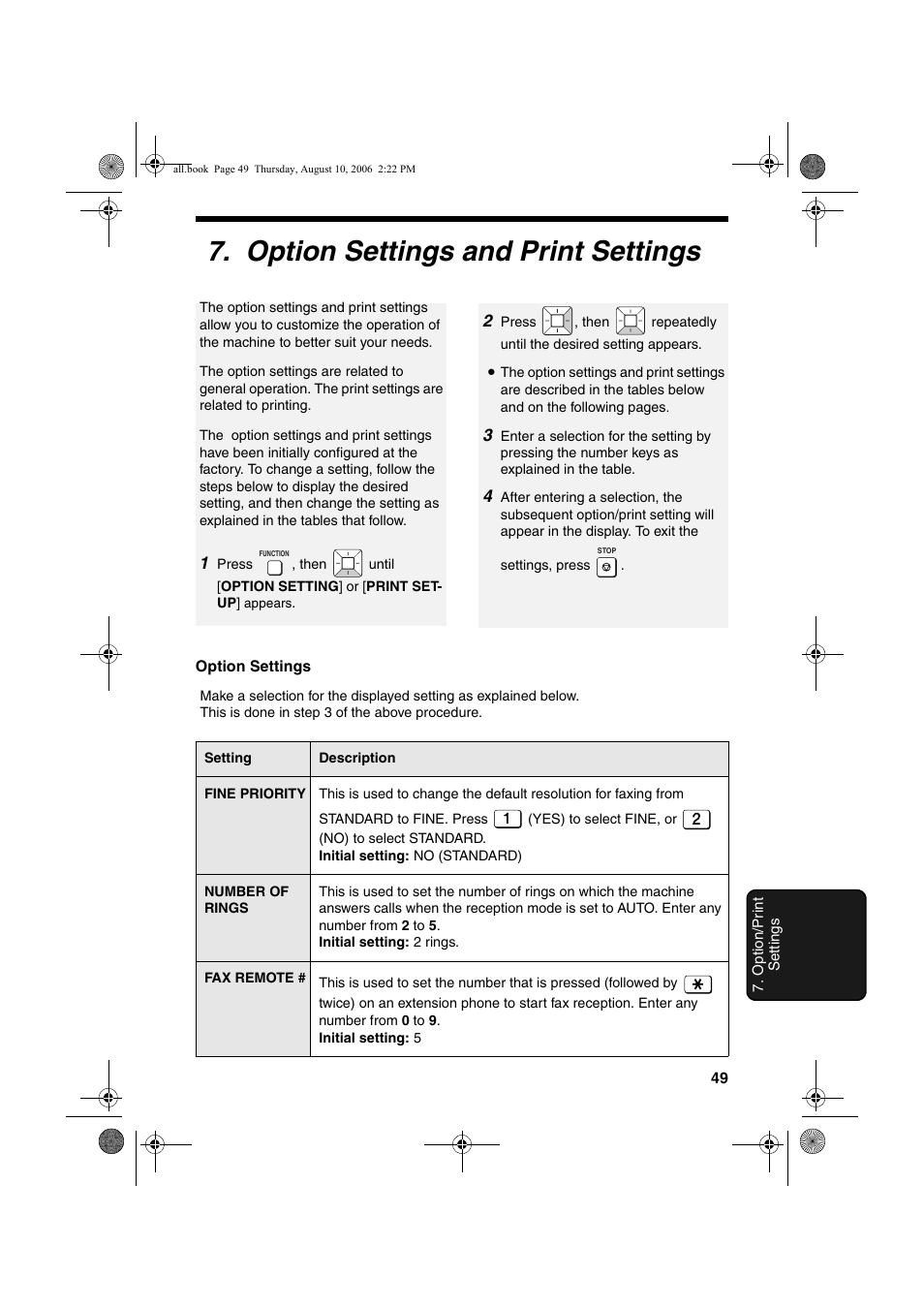 Option settings and print settings | Sharp UX-B800 User Manual | Page 51 / 74