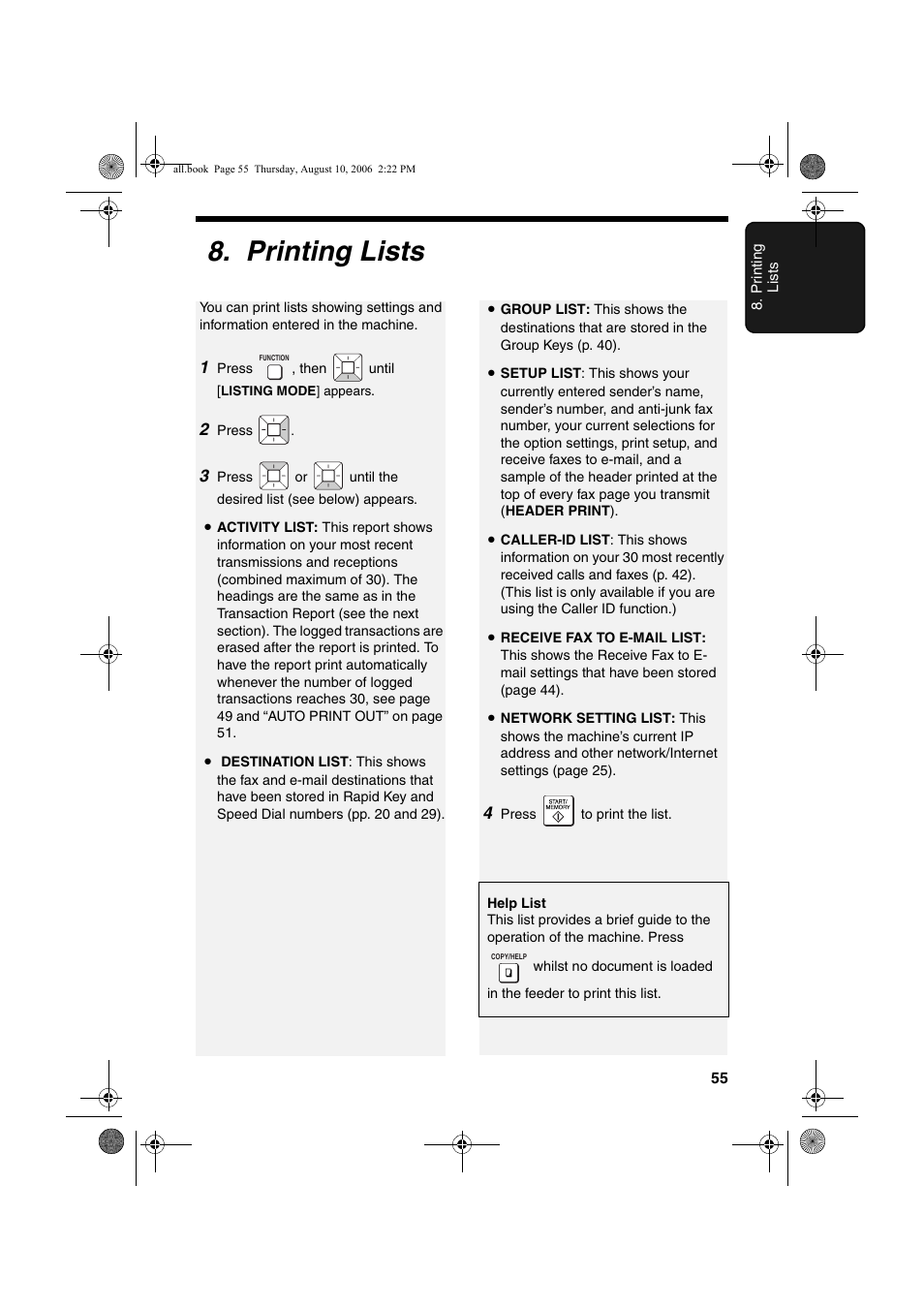 Printing lists | Sharp UX-B800 User Manual | Page 57 / 74