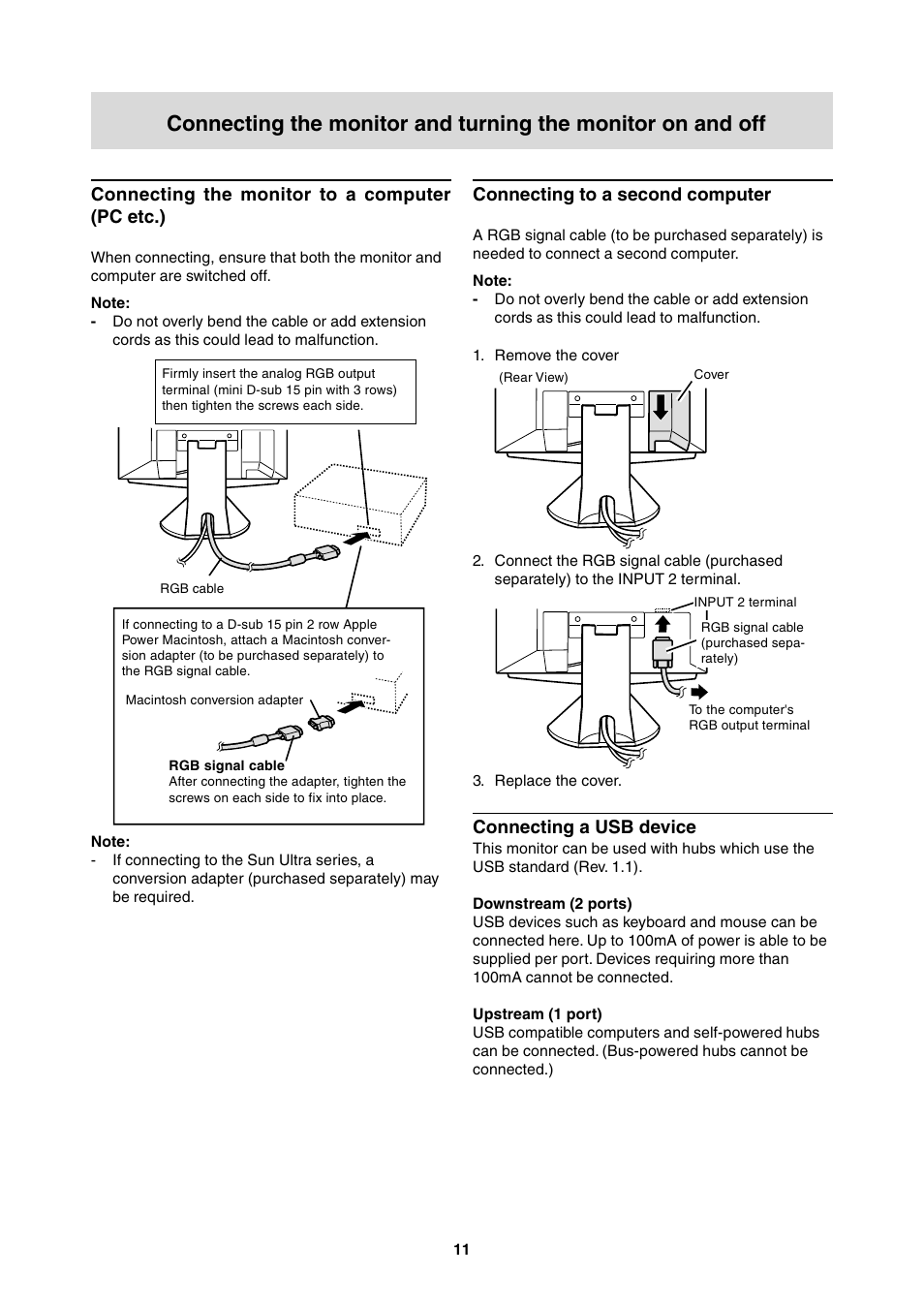 Connecting the monitor to a computer (pc etc.), Connecting to a second computer, Connecting a usb device | Sharp LL-T2000A User Manual | Page 11 / 28