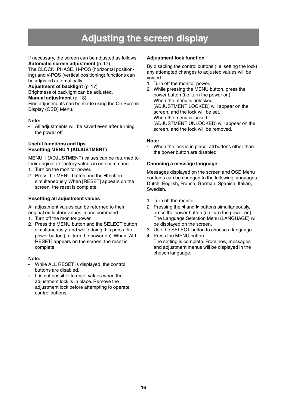 Adjusting the screen display | Sharp LL-T2000A User Manual | Page 16 / 28