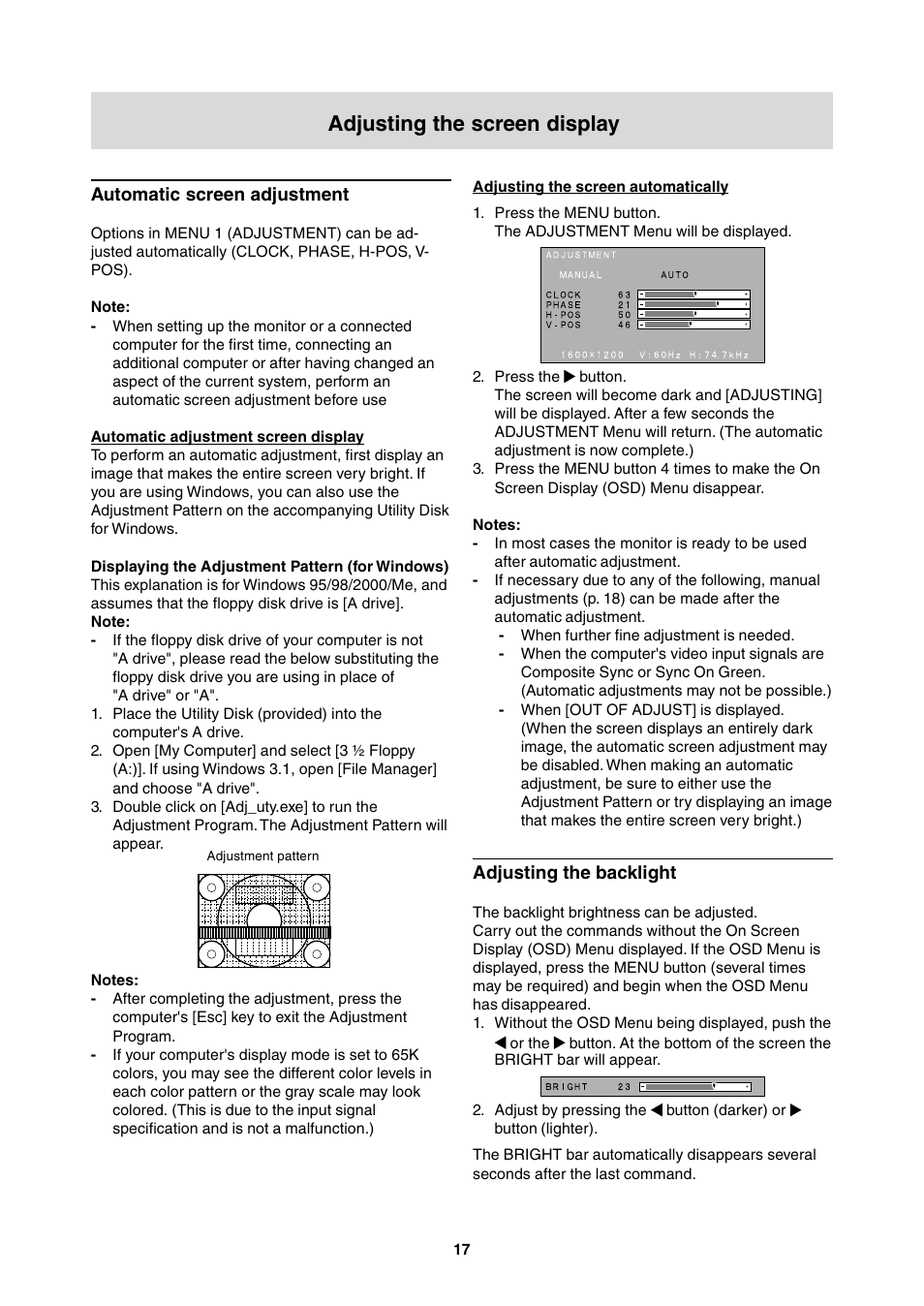 Adjusting the screen display, Automatic screen adjustment, Adjusting the backlight | Sharp LL-T2000A User Manual | Page 17 / 28