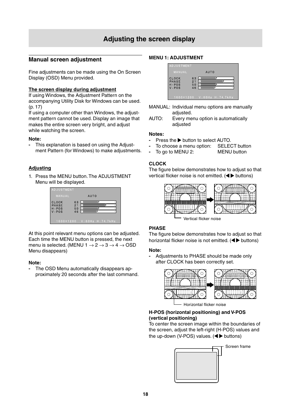 Adjusting the screen display, Manual screen adjustment | Sharp LL-T2000A User Manual | Page 18 / 28