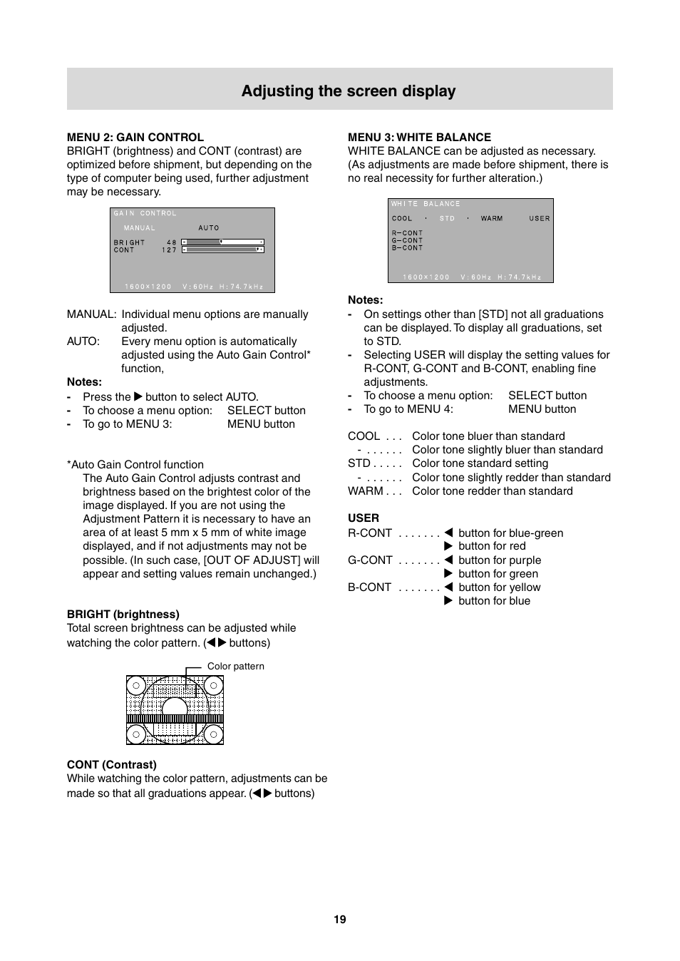 Adjusting the screen display | Sharp LL-T2000A User Manual | Page 19 / 28