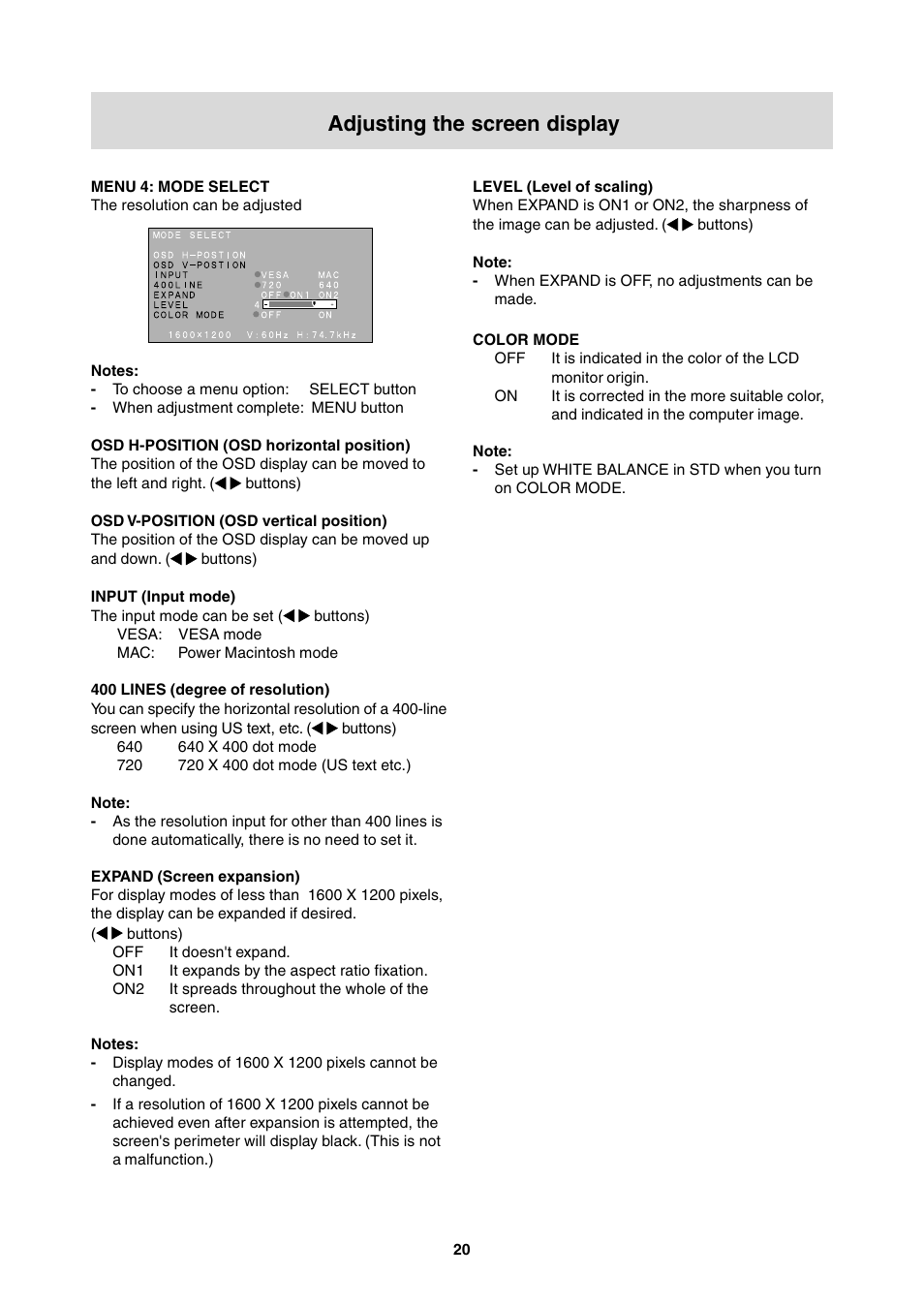 Adjusting the screen display | Sharp LL-T2000A User Manual | Page 20 / 28