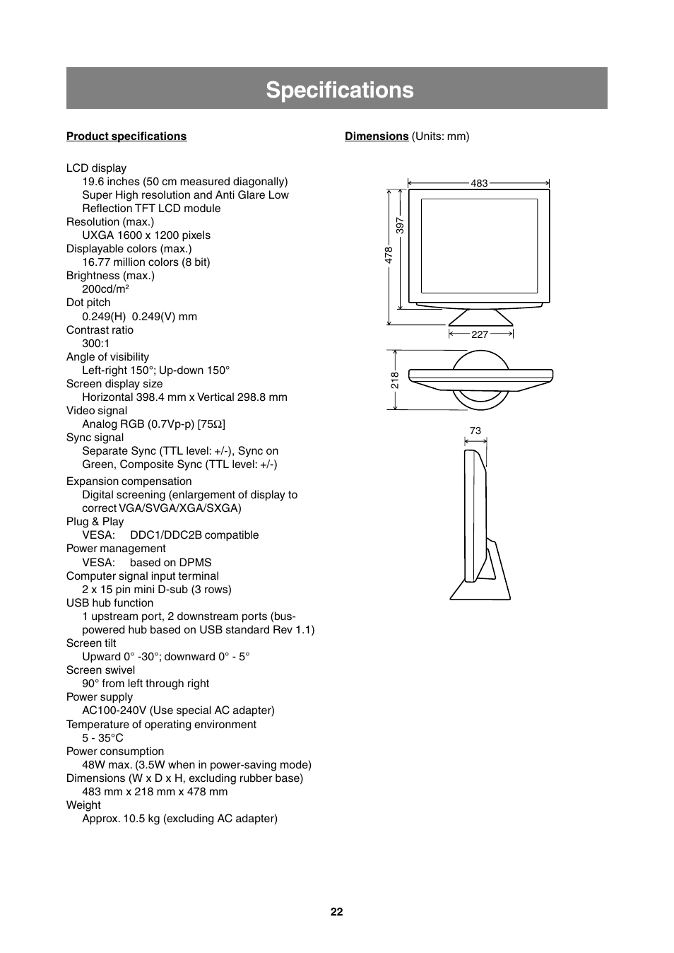 Specifications | Sharp LL-T2000A User Manual | Page 22 / 28