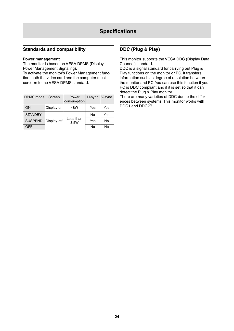 Specifications, Standards and compatibility, Ddc (plug & play) | Sharp LL-T2000A User Manual | Page 24 / 28