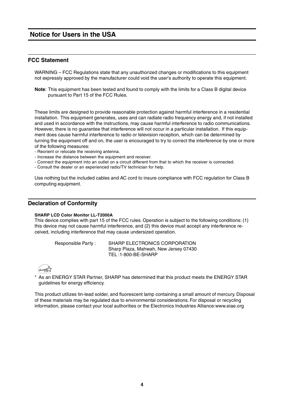 Notice for users in the usa | Sharp LL-T2000A User Manual | Page 4 / 28