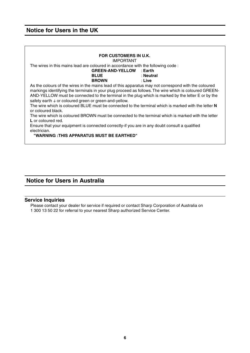 Notice for users in the uk, Notice for users in australia | Sharp LL-T2000A User Manual | Page 6 / 28