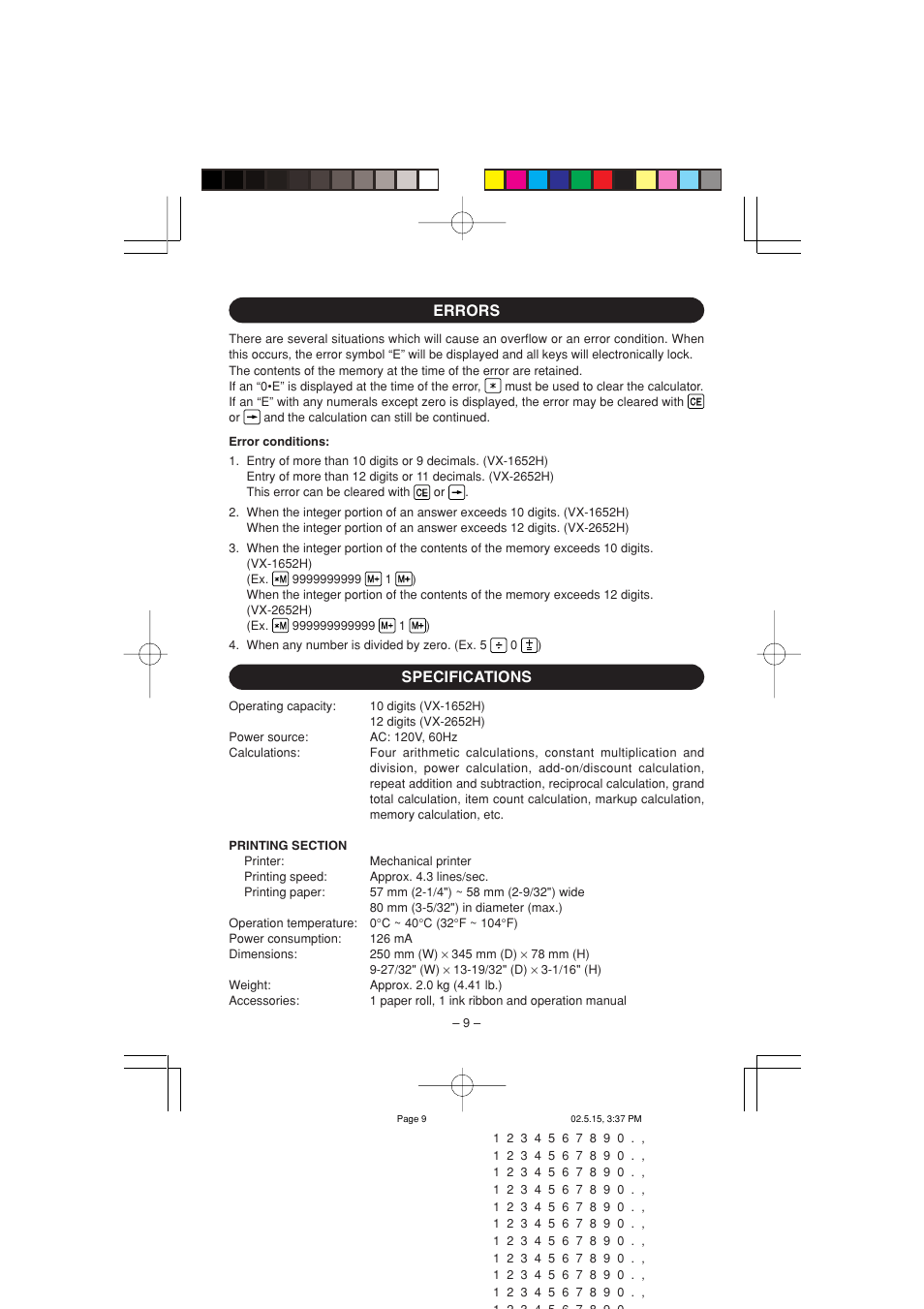 Errors specifications | Sharp VX-2652H User Manual | Page 11 / 40