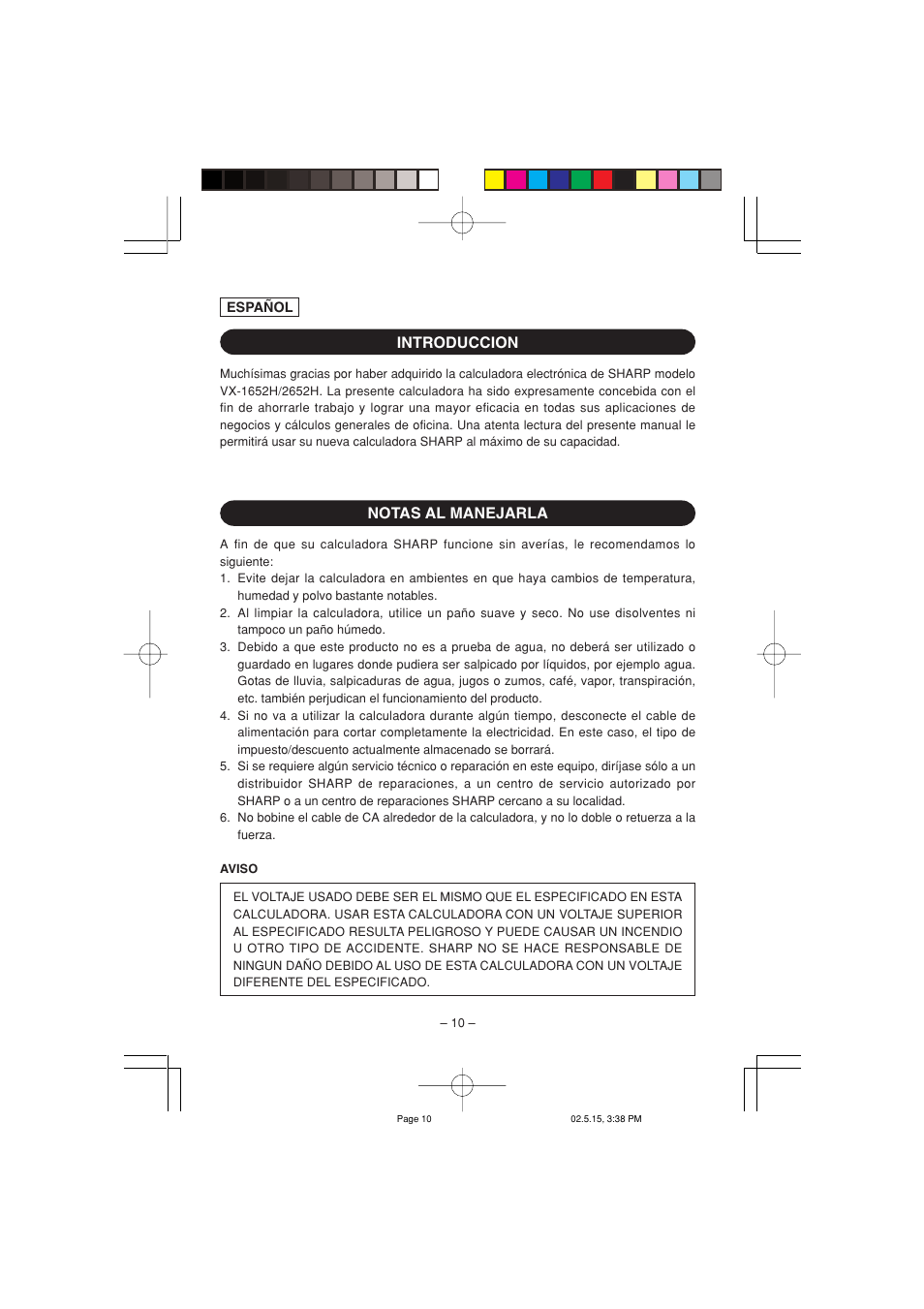 Introduccion notas al manejarla | Sharp VX-2652H User Manual | Page 12 / 40