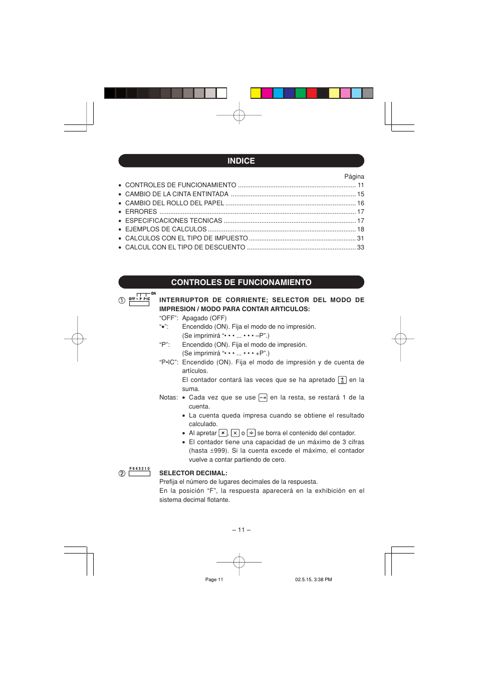 Indice controles de funcionamiento | Sharp VX-2652H User Manual | Page 13 / 40