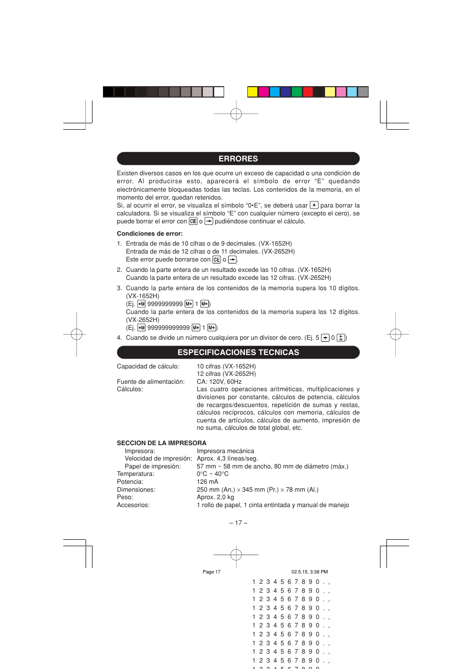 Errores, Especificaciones tecnicas | Sharp VX-2652H User Manual | Page 19 / 40