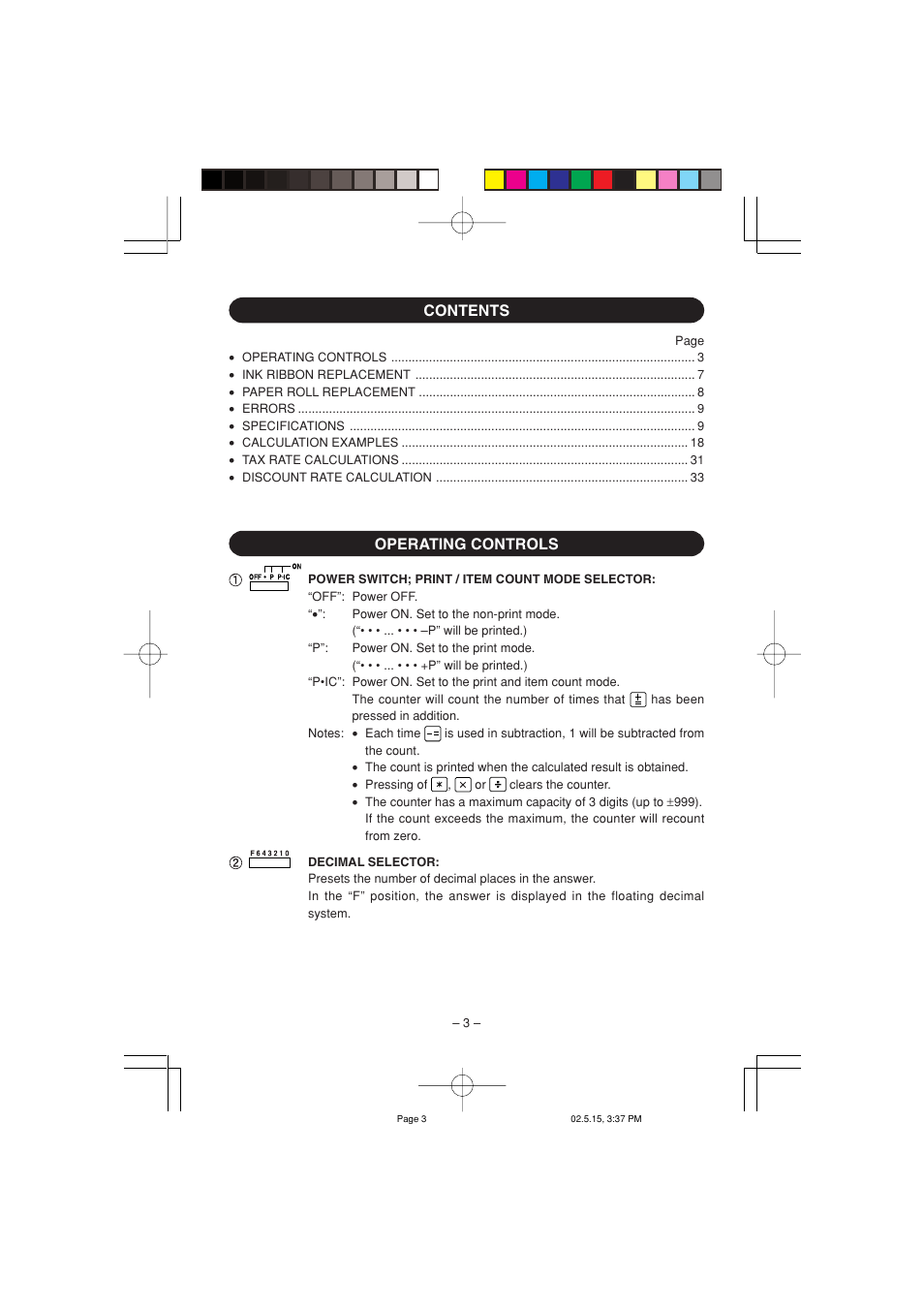 Contents operating controls | Sharp VX-2652H User Manual | Page 5 / 40