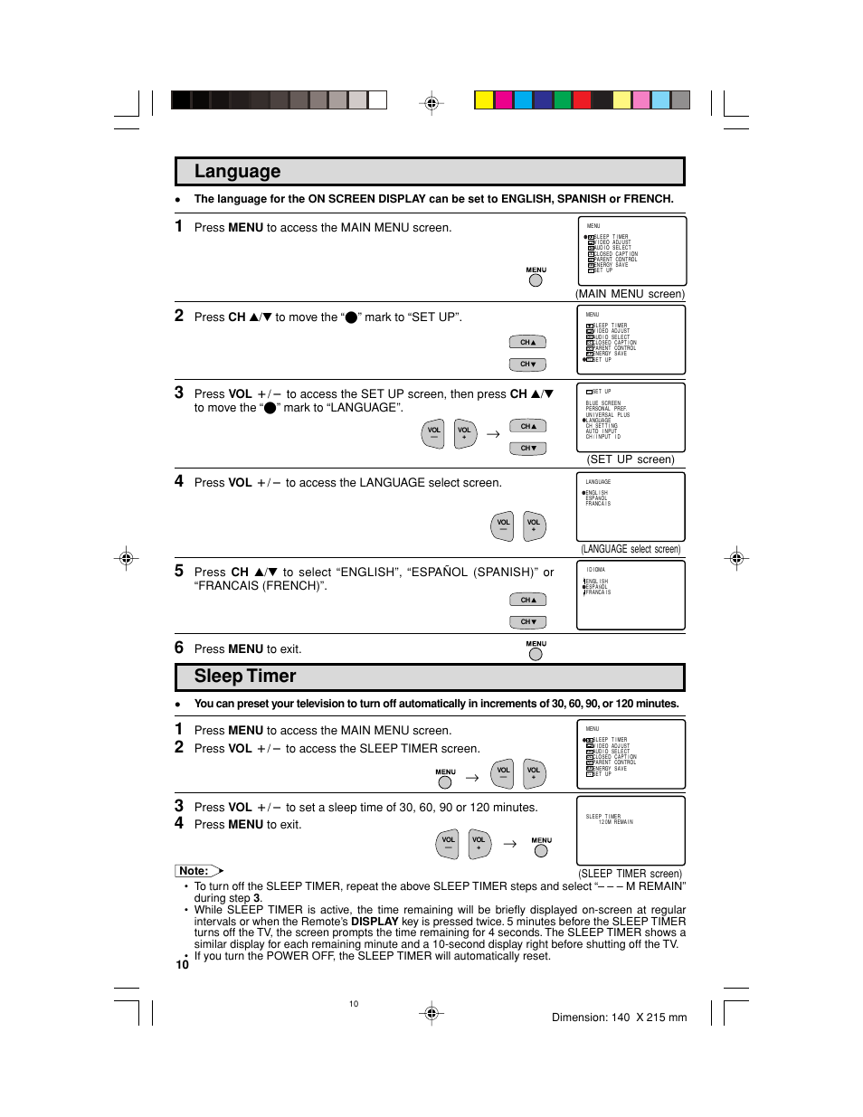 Sleep timer, Language, Press menu to access the main menu screen | Press ch a/s to move the “e” mark to “set up, Press vol k/l to access the language select screen, Press menu to exit, Press vol k/l to access the sleep timer screen | Sharp 32UF5 User Manual | Page 10 / 57