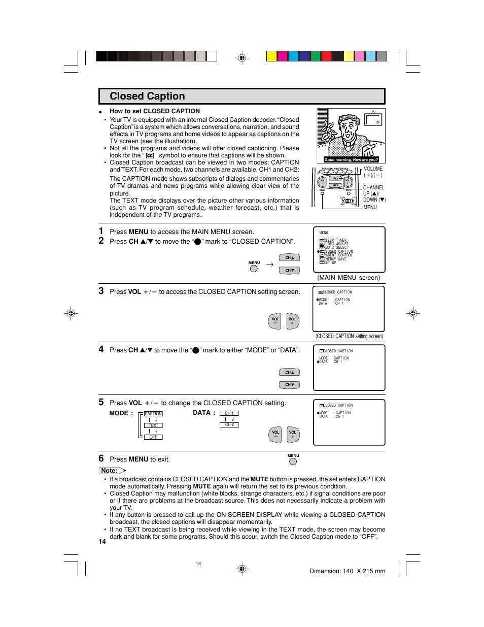 Closed caption, Press menu to access the main menu screen, Press vol k/l to change the closed caption setting | Press menu to exit | Sharp 32UF5 User Manual | Page 14 / 57