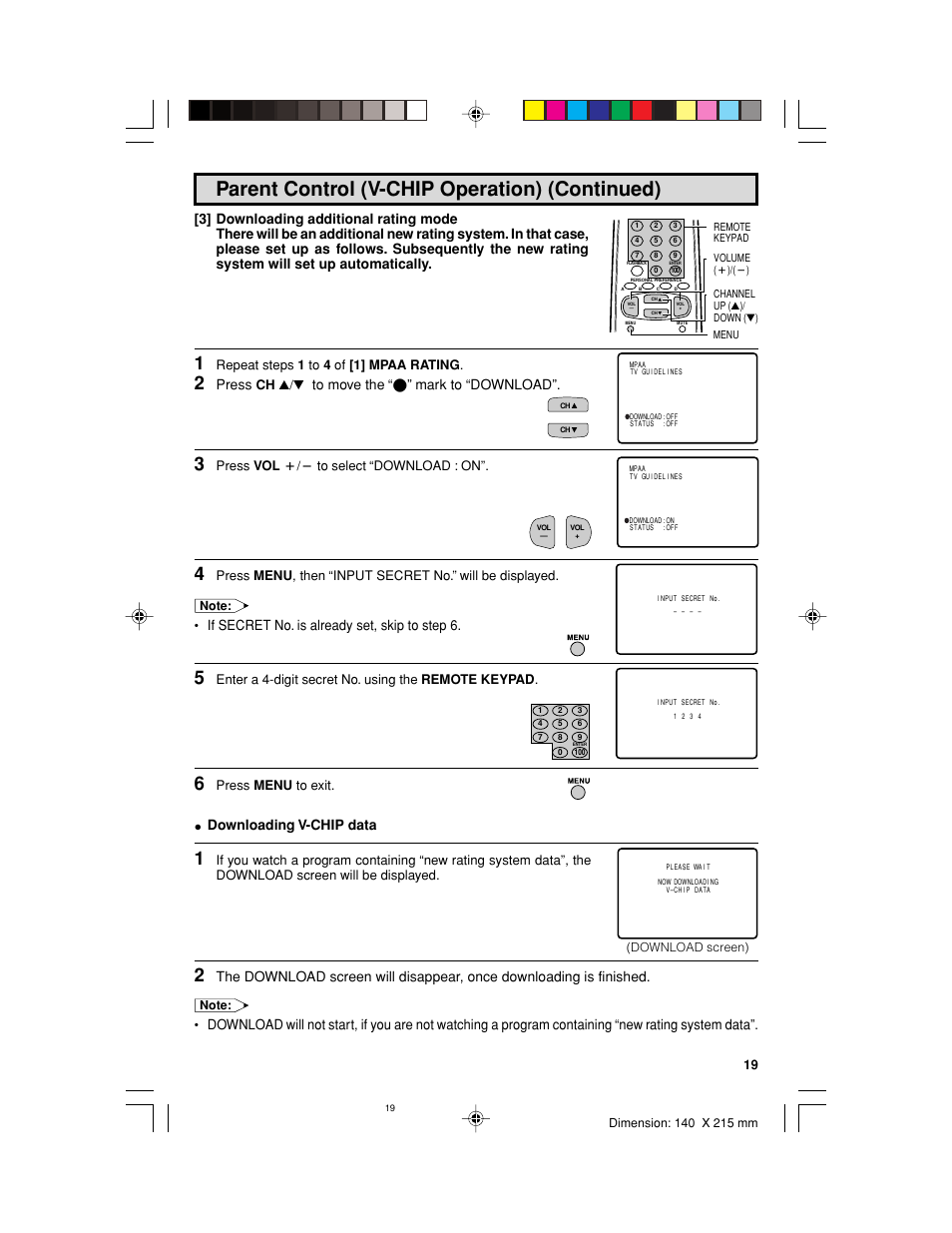 Press, Mark to “download, If secret no. is already set, skip to step 6 | Downloading v-chip data, Repeat steps 1 to 4 of [1] mpaa rating, Ch a/s, Press vol k/l to select “download : on, Enter a 4-digit secret no. using the remote keypad, Press menu to exit | Sharp 32UF5 User Manual | Page 19 / 57