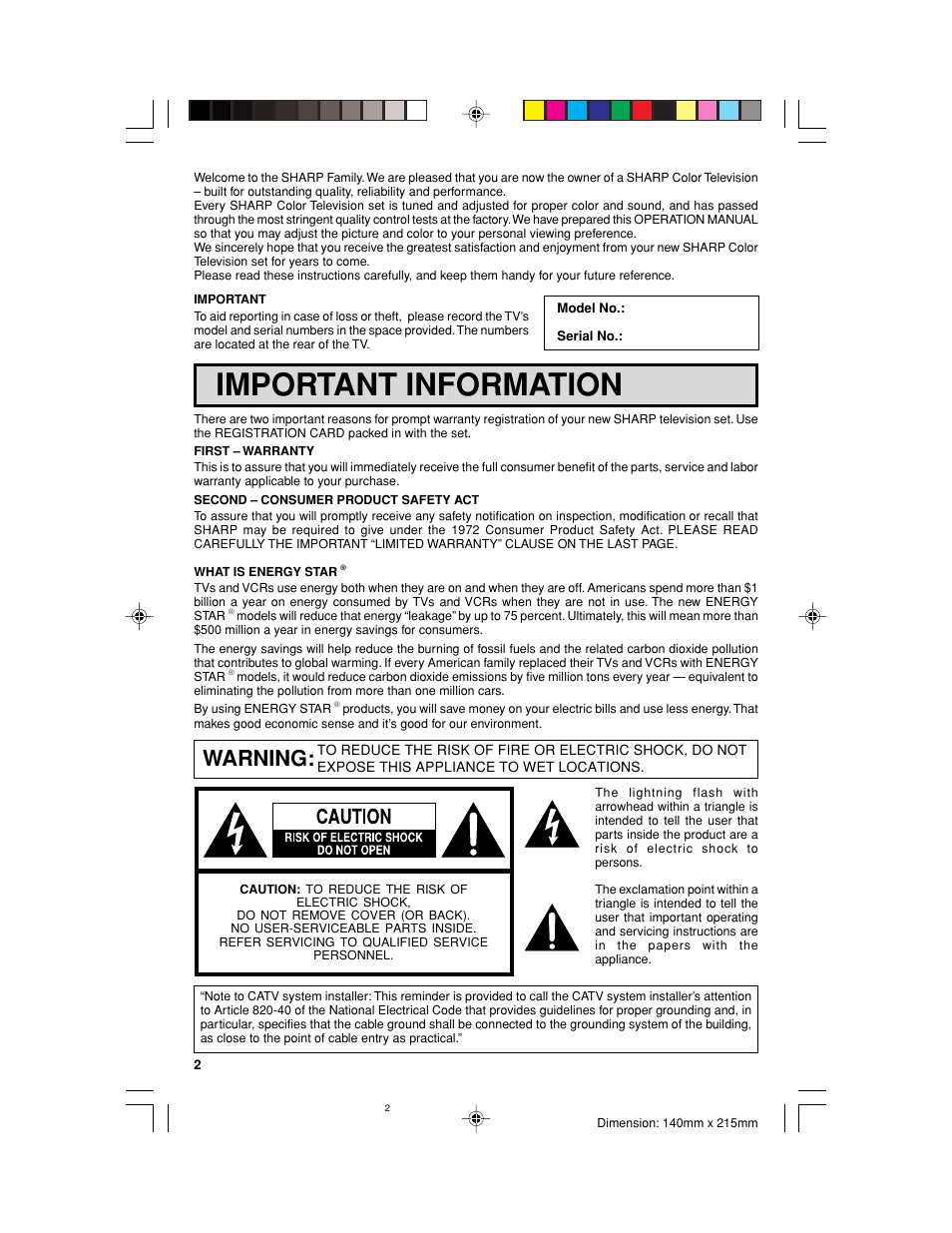 Important information, Warning | Sharp 32UF5 User Manual | Page 2 / 57