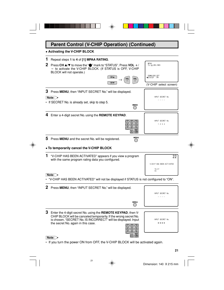 Parent control (v-chip operation) (continued), Activating the v-chip block, If secret no. is already set, skip to step 5 | Sharp 32UF5 User Manual | Page 21 / 57