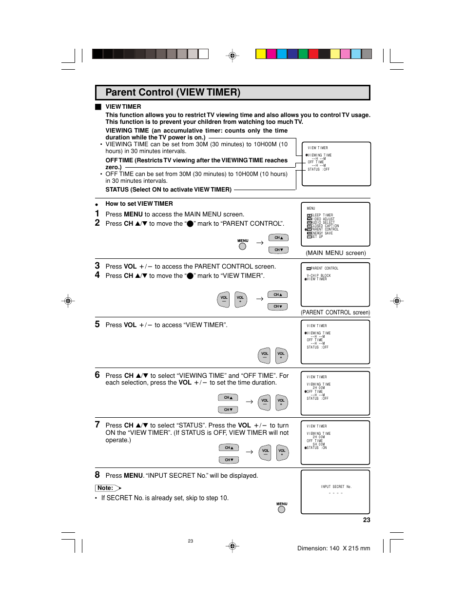 Parent control (view timer), If secret no. is already set, skip to step 10 | Sharp 32UF5 User Manual | Page 23 / 57