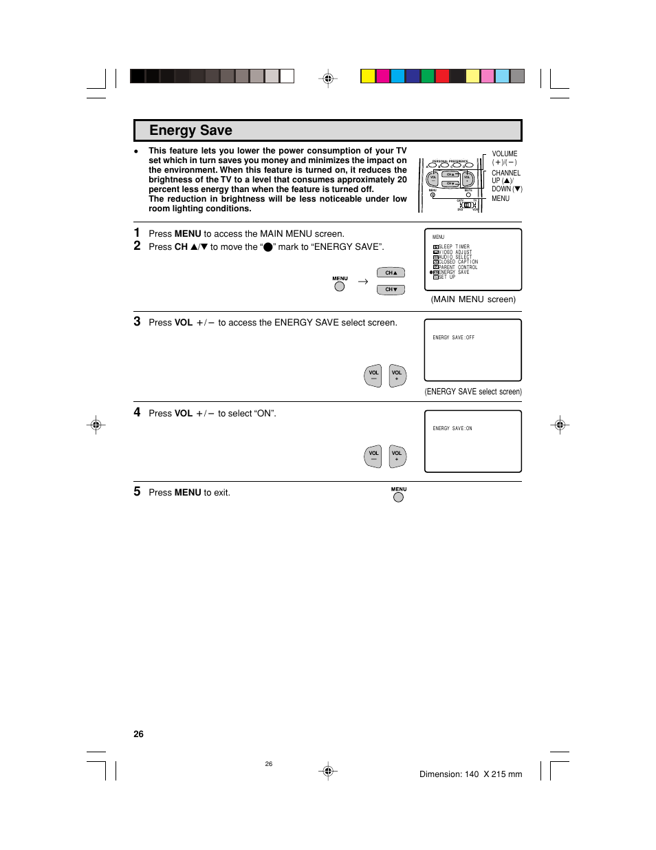 Energy save, Press menu to access the main menu screen, Press ch a/s to move the “e” mark to “energy save | Press vol k/l to select “on, Press menu to exit | Sharp 32UF5 User Manual | Page 26 / 57