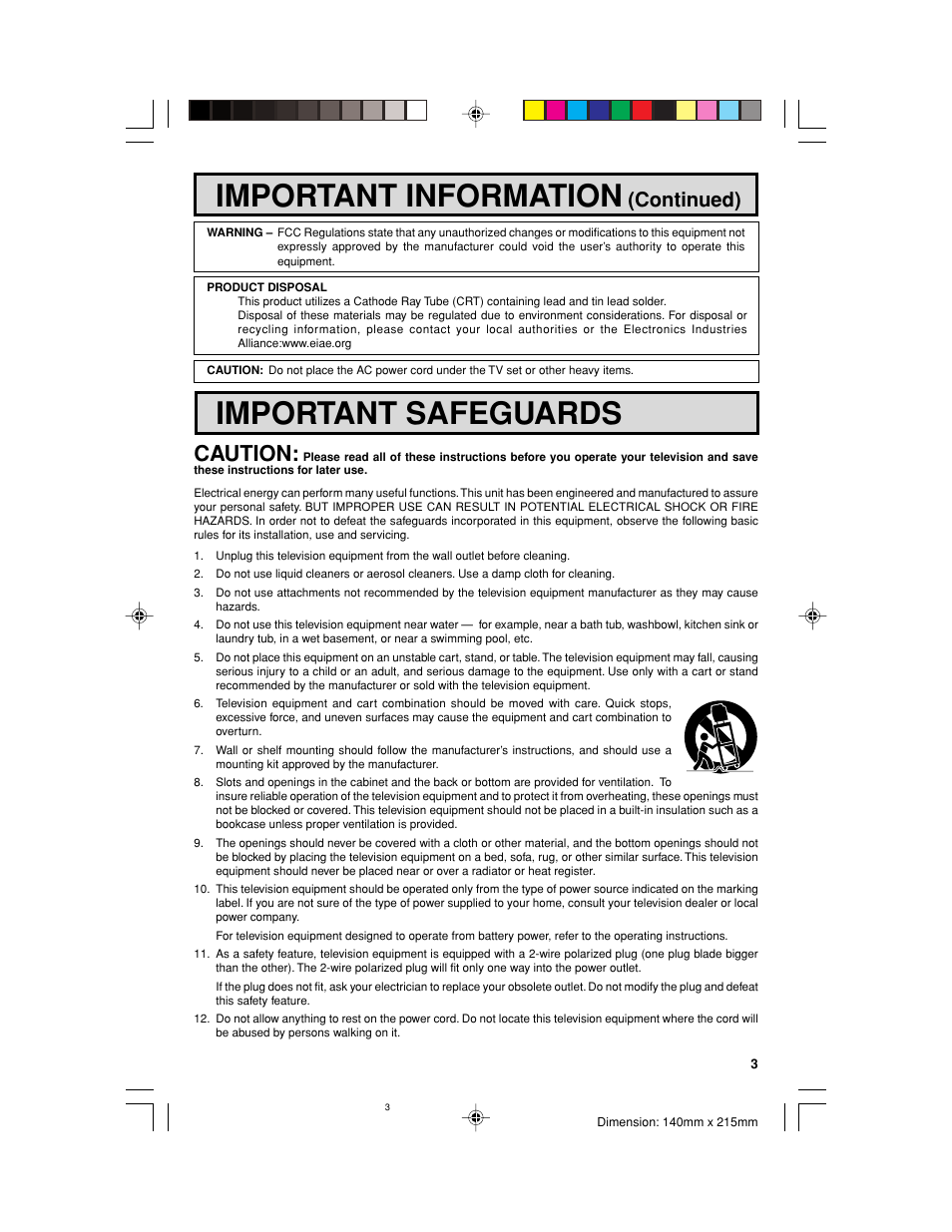 Important information, Important safeguards, Caution | Continued) | Sharp 32UF5 User Manual | Page 3 / 57