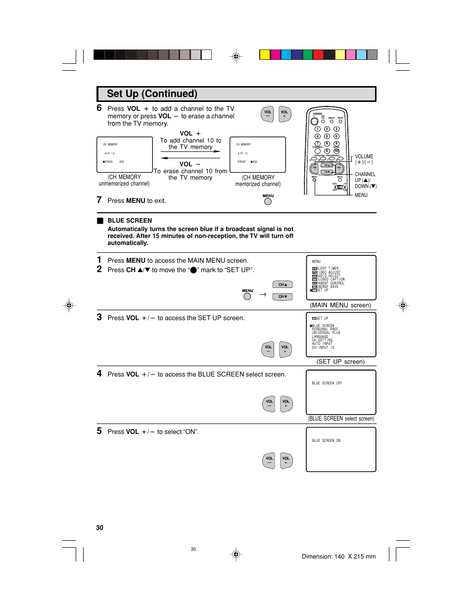 Set up (continued), Press menu to exit, Press menu to access the main menu screen | Press ch a/s to move the “e” mark to “set up, Press vol k/l to access the set up screen, Press vol k/l to select “on | Sharp 32UF5 User Manual | Page 30 / 57