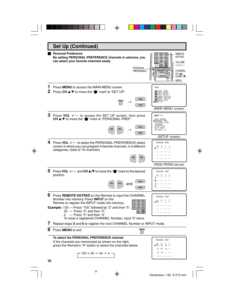 Set up (continued), Press menu to access the main menu screen, Press ch a/s to move the “e” mark to “set up | Press menu to exit, Main menu screen), Setup screen) (personal preference select screen) | Sharp 32UF5 User Manual | Page 32 / 57