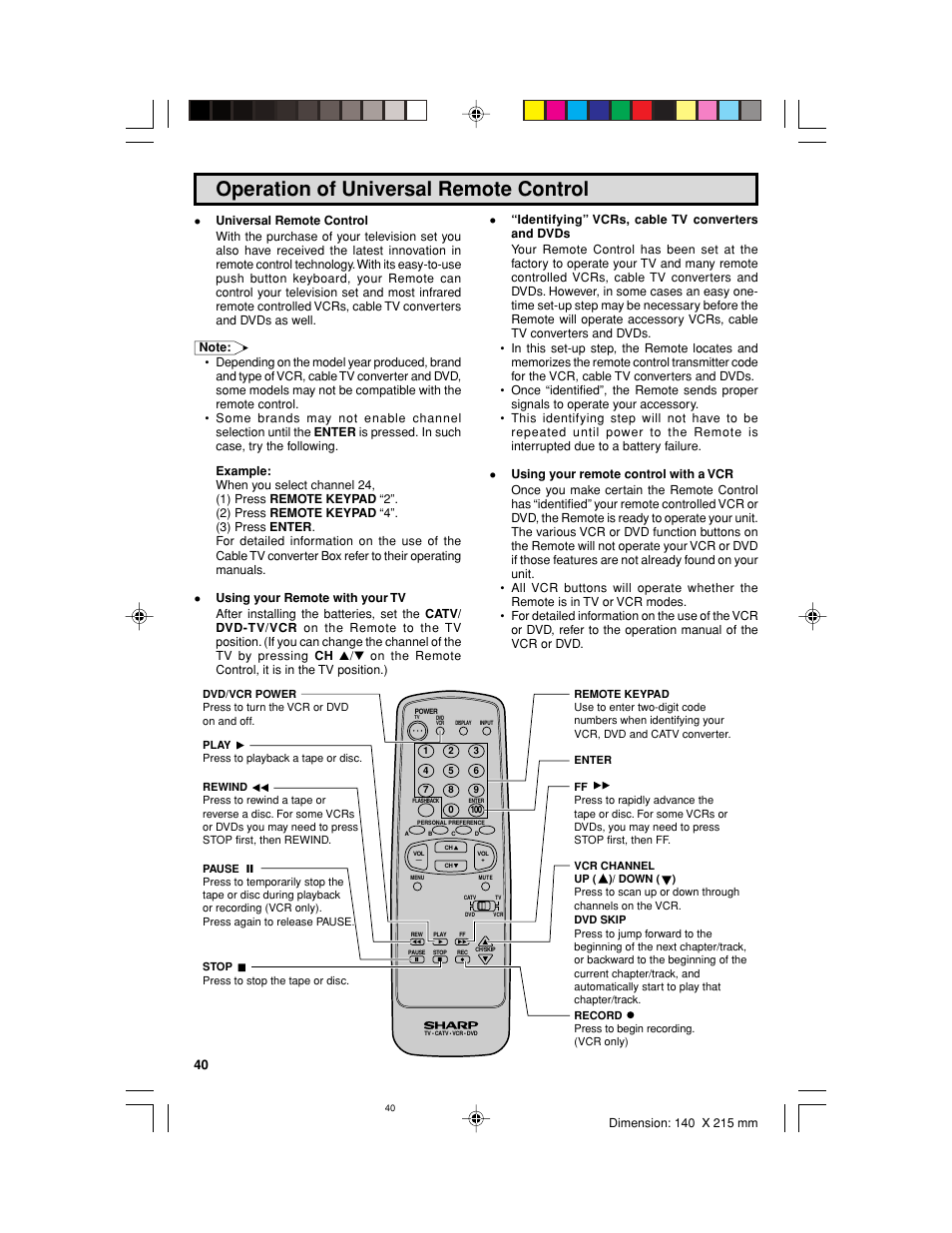 Operation of universal remote control | Sharp 32UF5 User Manual | Page 40 / 57