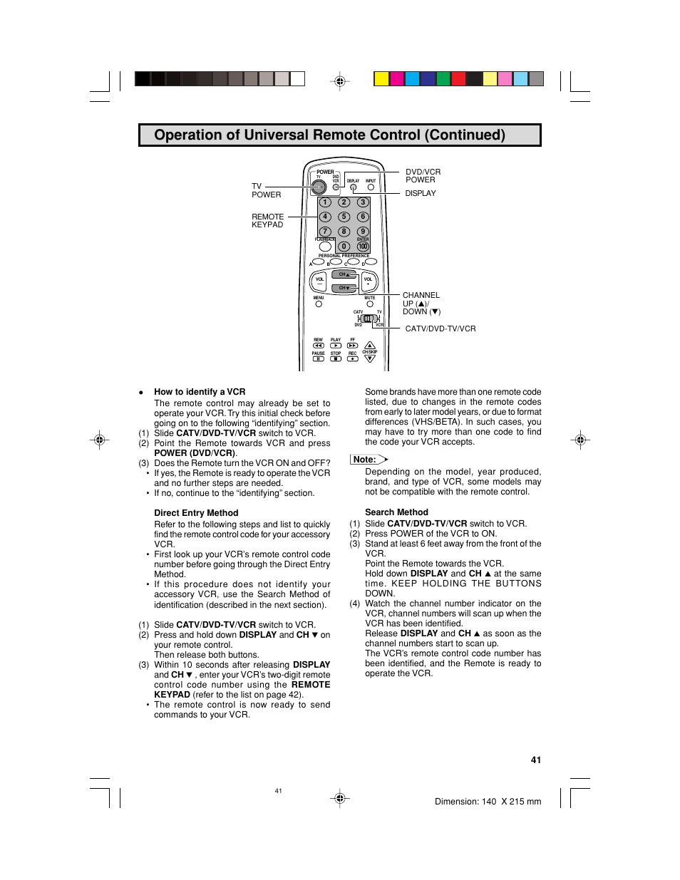 Operation of universal remote control (continued) | Sharp 32UF5 User Manual | Page 41 / 57