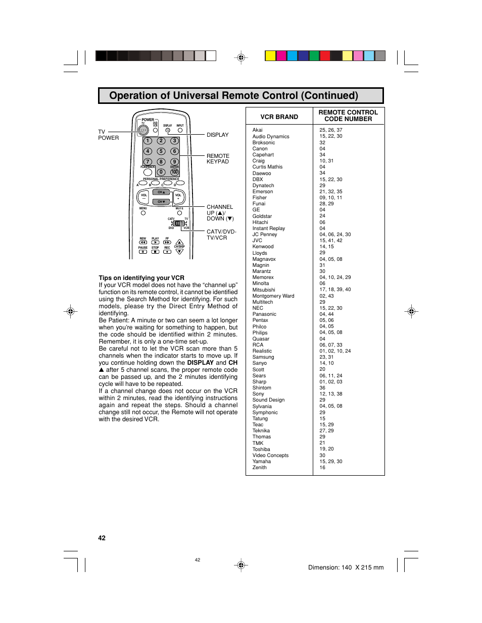 Operation of universal remote control (continued), Vcr brand remote control code number | Sharp 32UF5 User Manual | Page 42 / 57