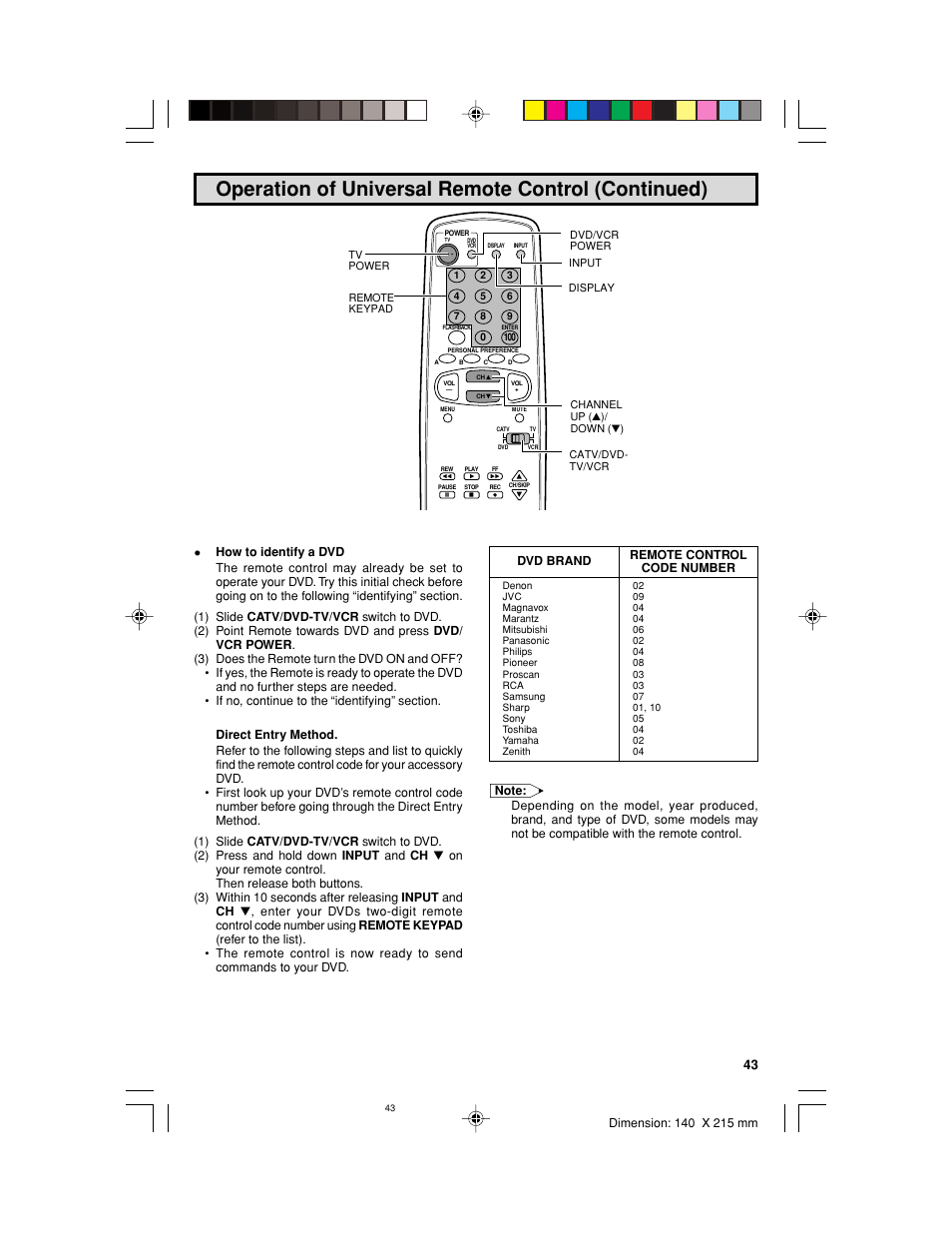 Operation of universal remote control (continued) | Sharp 32UF5 User Manual | Page 43 / 57