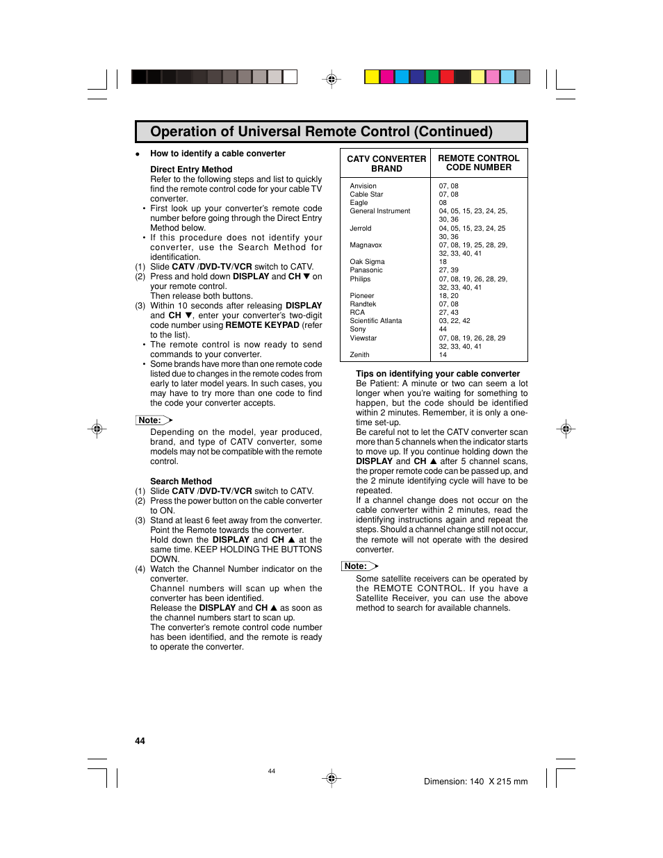 Operation of universal remote control (continued) | Sharp 32UF5 User Manual | Page 44 / 57