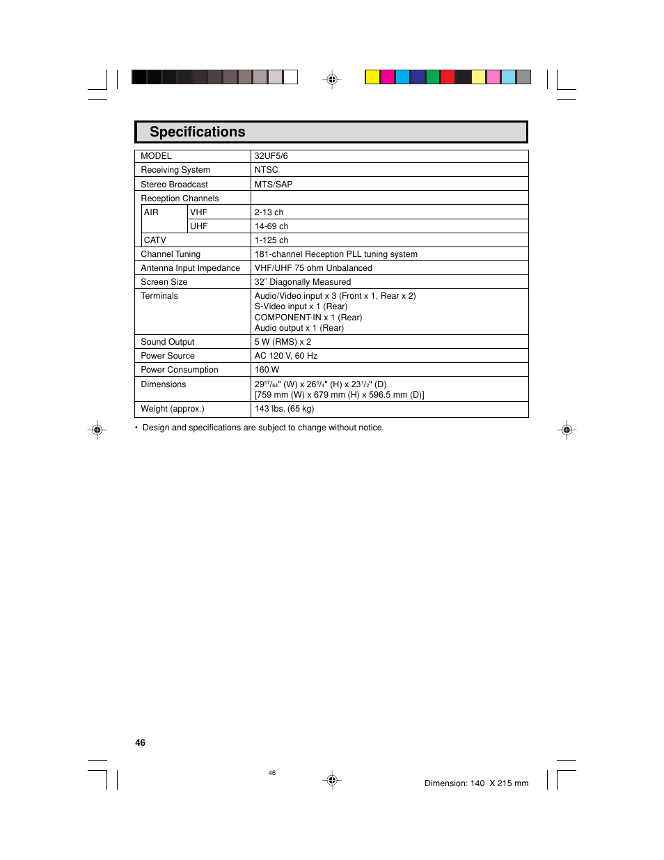 Specifications | Sharp 32UF5 User Manual | Page 46 / 57