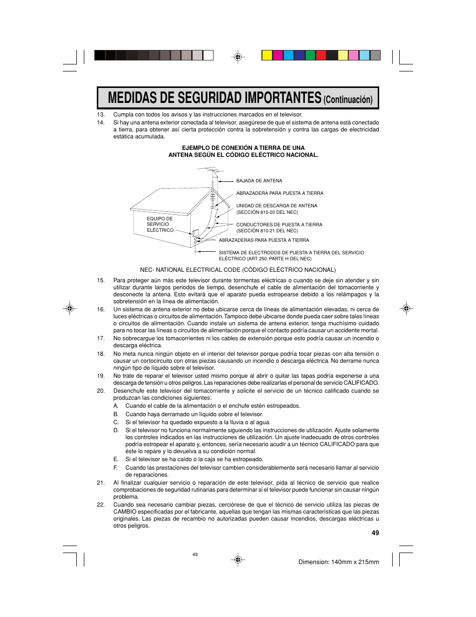 Medidas de seguridad importantes, Continuación) | Sharp 32UF5 User Manual | Page 49 / 57