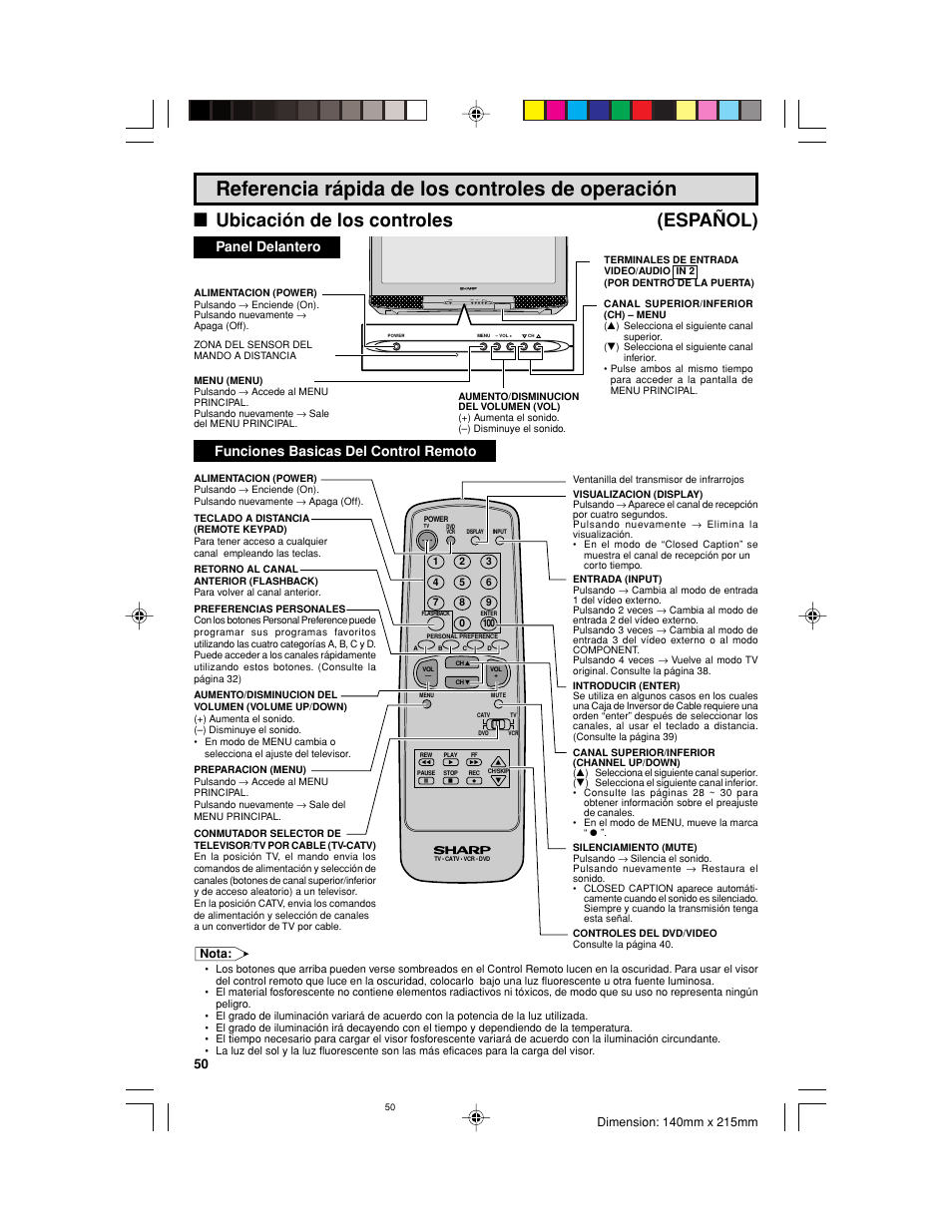 Referencia rápida de los controles de operación, L ubicación de los controles (español), Panel delantero | Funciones basicas del control remoto, Power menu – vol + ch pull-open | Sharp 32UF5 User Manual | Page 50 / 57