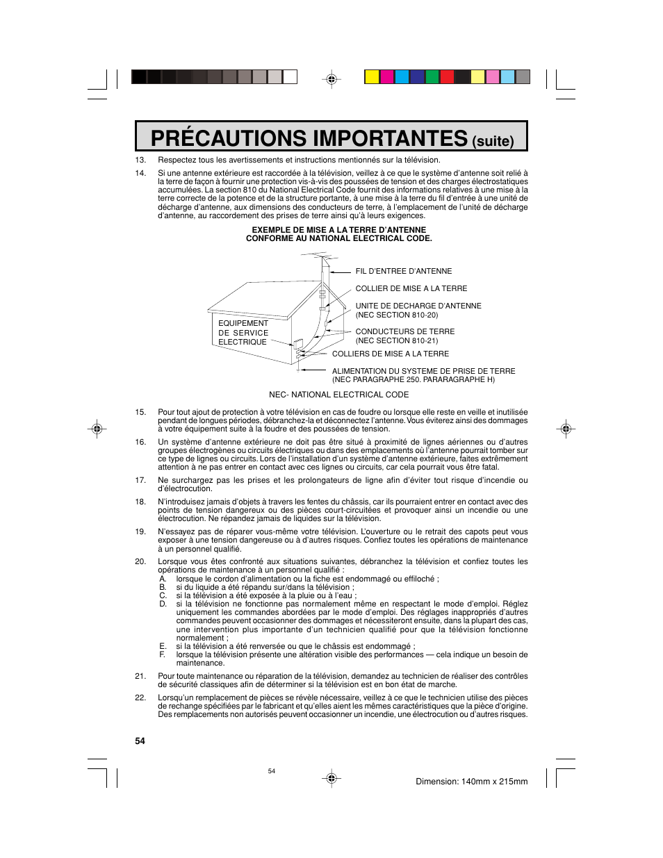 Précautions importantes, Suite) | Sharp 32UF5 User Manual | Page 54 / 57