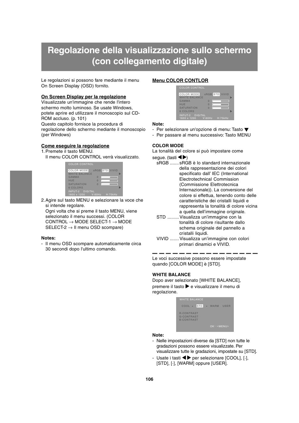 On screen display per la regolazione, Come eseguire la regolazione, Menu color contlor | Sharp LL-T2020 User Manual | Page 106 / 148