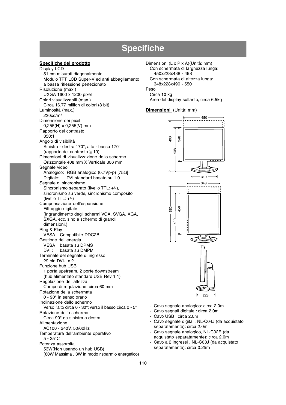 Specifiche | Sharp LL-T2020 User Manual | Page 110 / 148