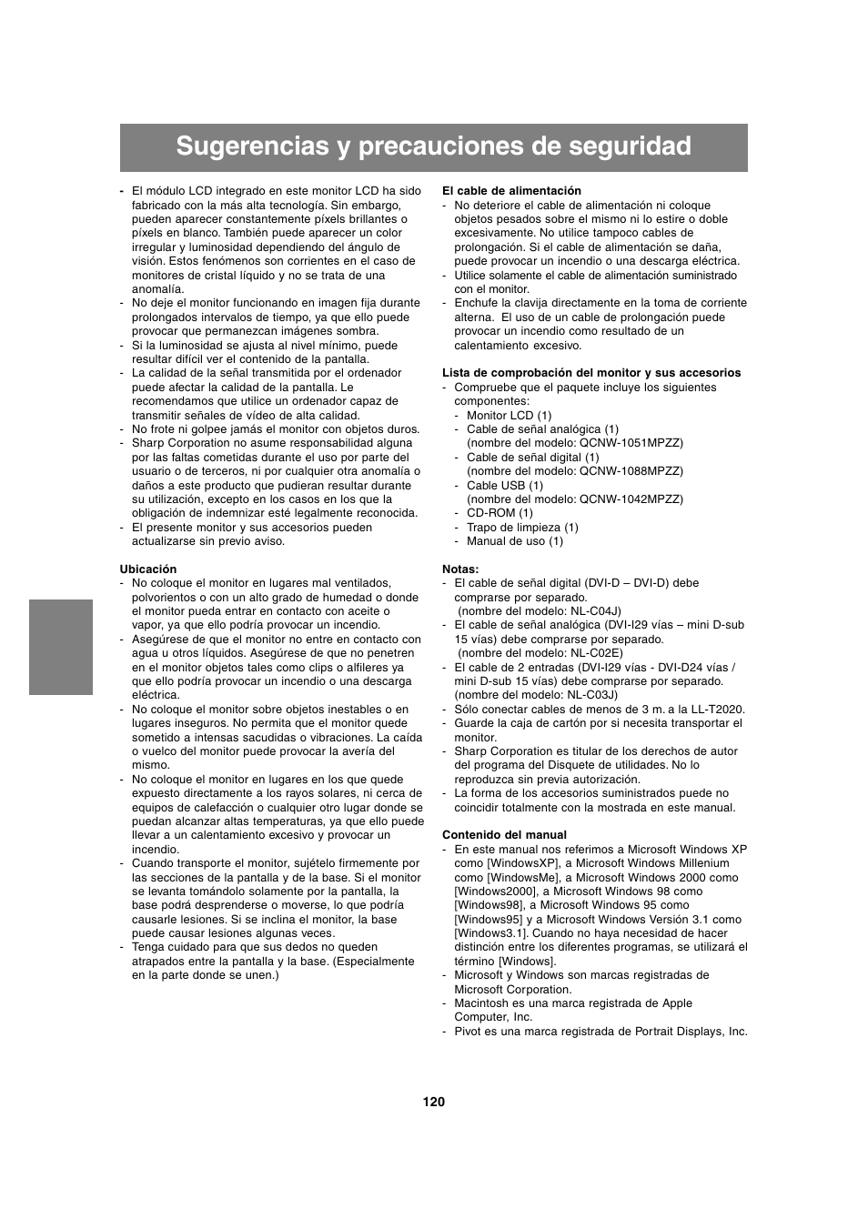 Sugerencias y precauciones de seguridad | Sharp LL-T2020 User Manual | Page 120 / 148