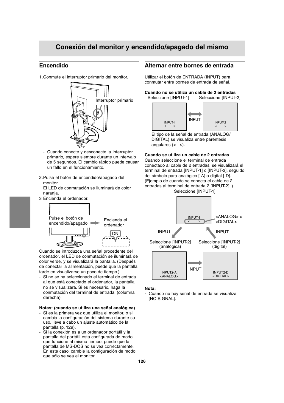 Conexión del monitor y encendido/apagado del mismo, Alternar entre bornes de entrada, Encendido | Sharp LL-T2020 User Manual | Page 126 / 148