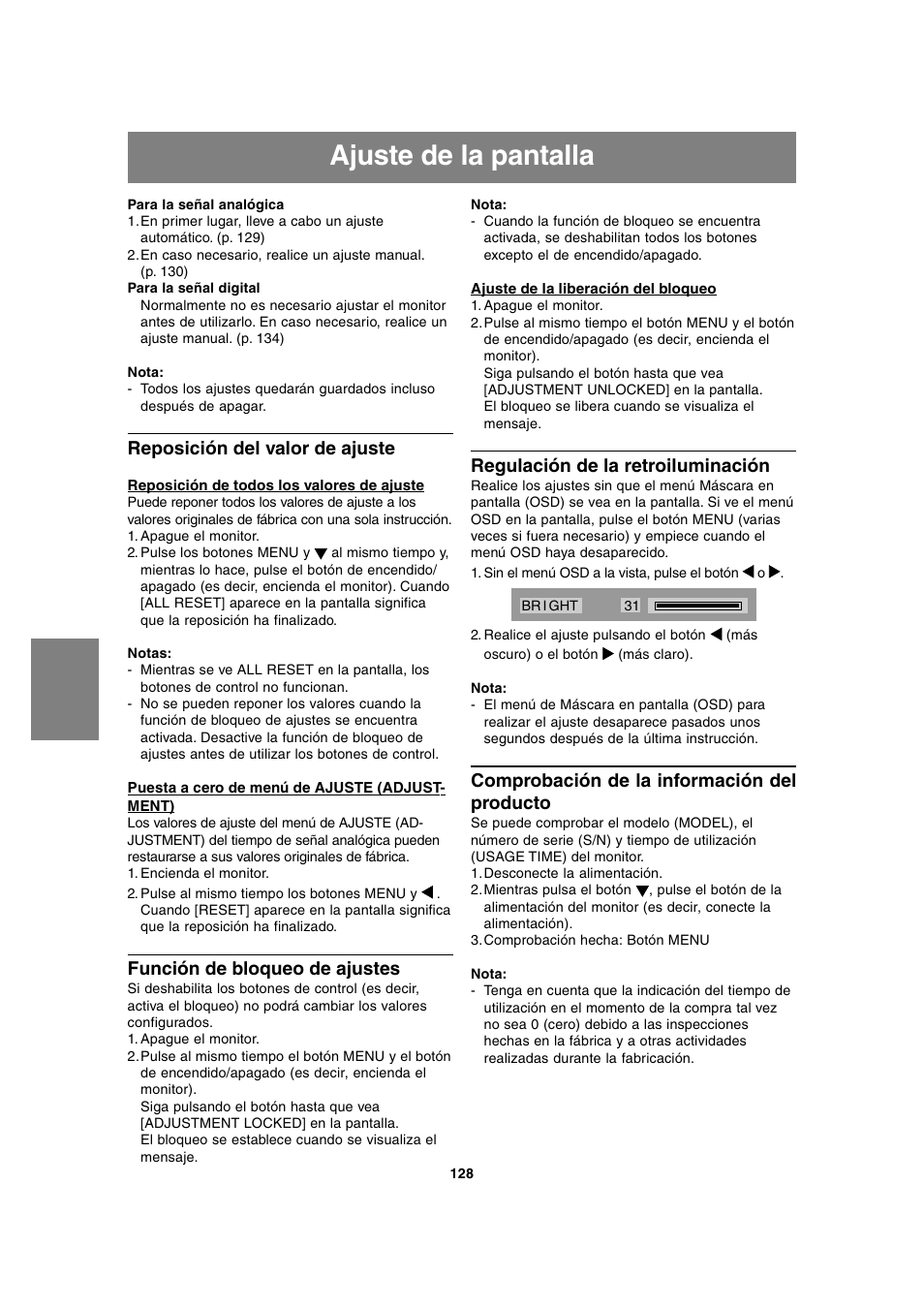 Ajuste de la pantalla, Reposición del valor de ajuste, Función de bloqueo de ajustes | Regulación de la retroiluminación, Comprobación de la información del producto | Sharp LL-T2020 User Manual | Page 128 / 148