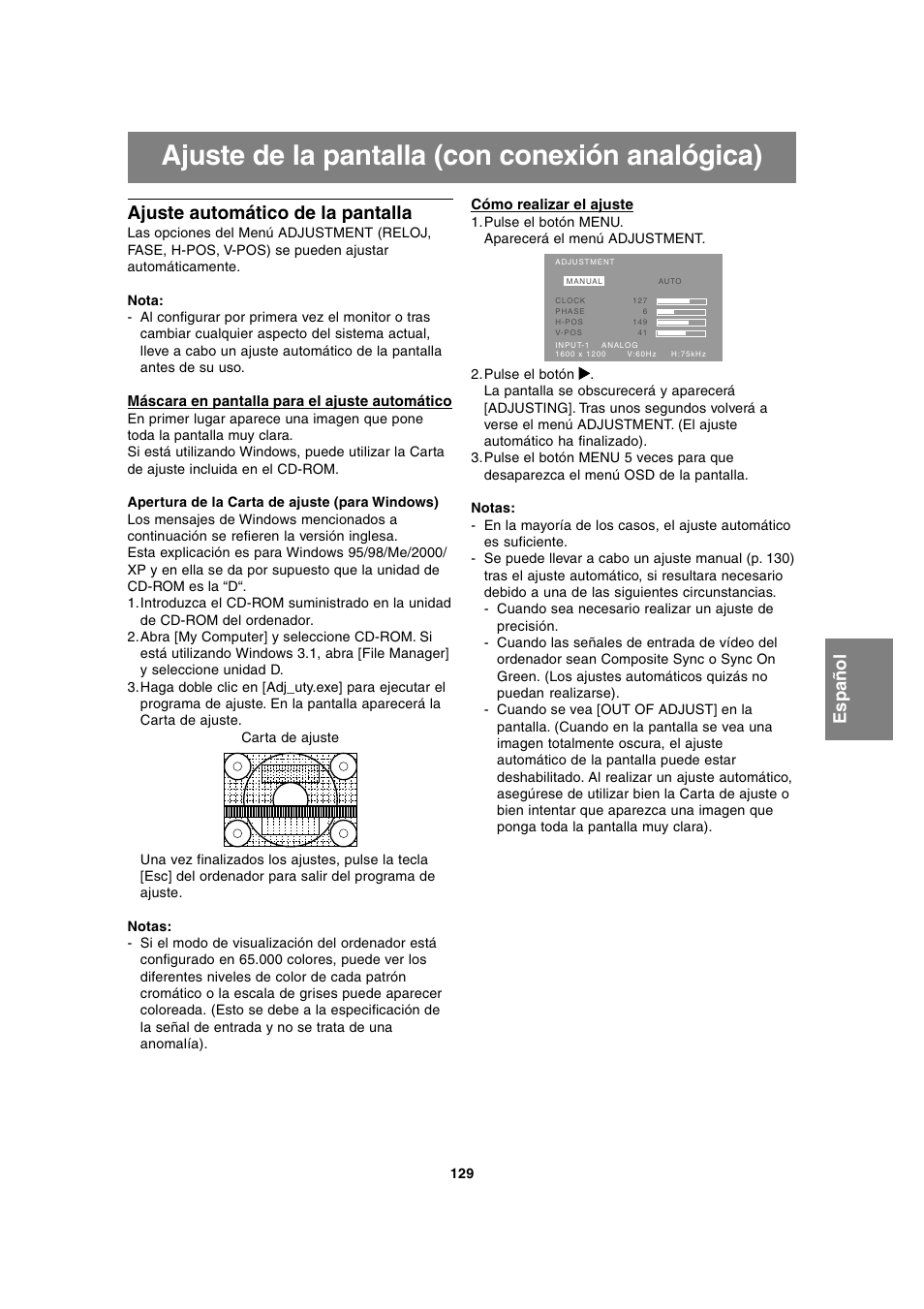 Ajuste de la pantalla (con conexión analógica), Ajuste automático de la pantalla | Sharp LL-T2020 User Manual | Page 129 / 148