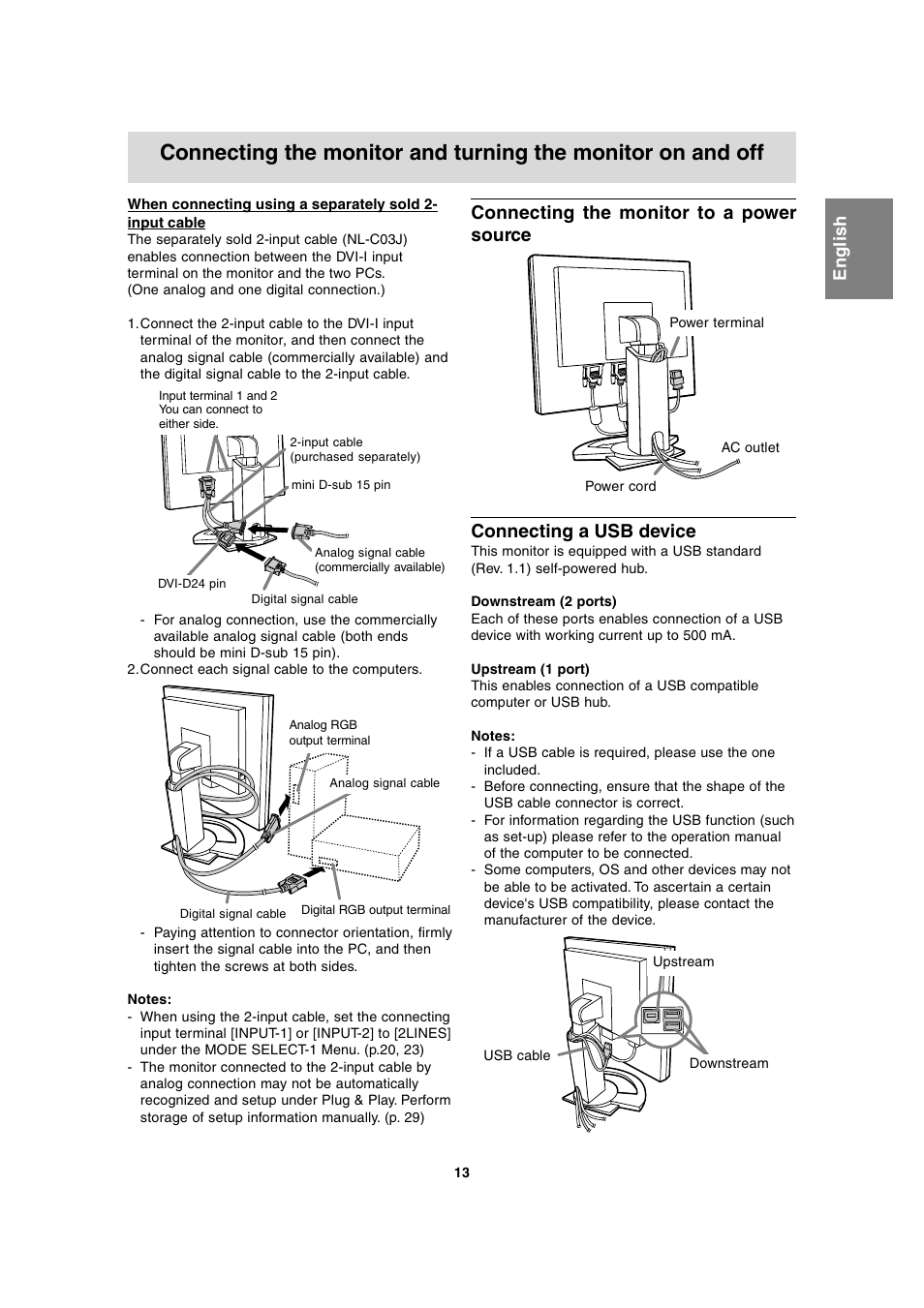 Connecting the monitor to a power source, Connecting a usb device | Sharp LL-T2020 User Manual | Page 13 / 148