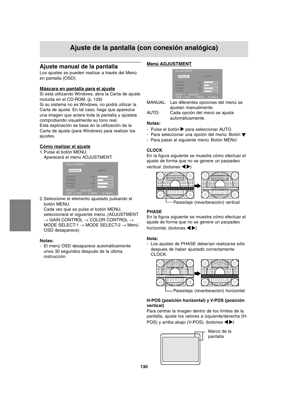 Ajuste de la pantalla (con conexión analógica), Ajuste manual de la pantalla, Máscara en pantalla para el ajuste | Cómo realizar el ajuste, Menú adjustment | Sharp LL-T2020 User Manual | Page 130 / 148