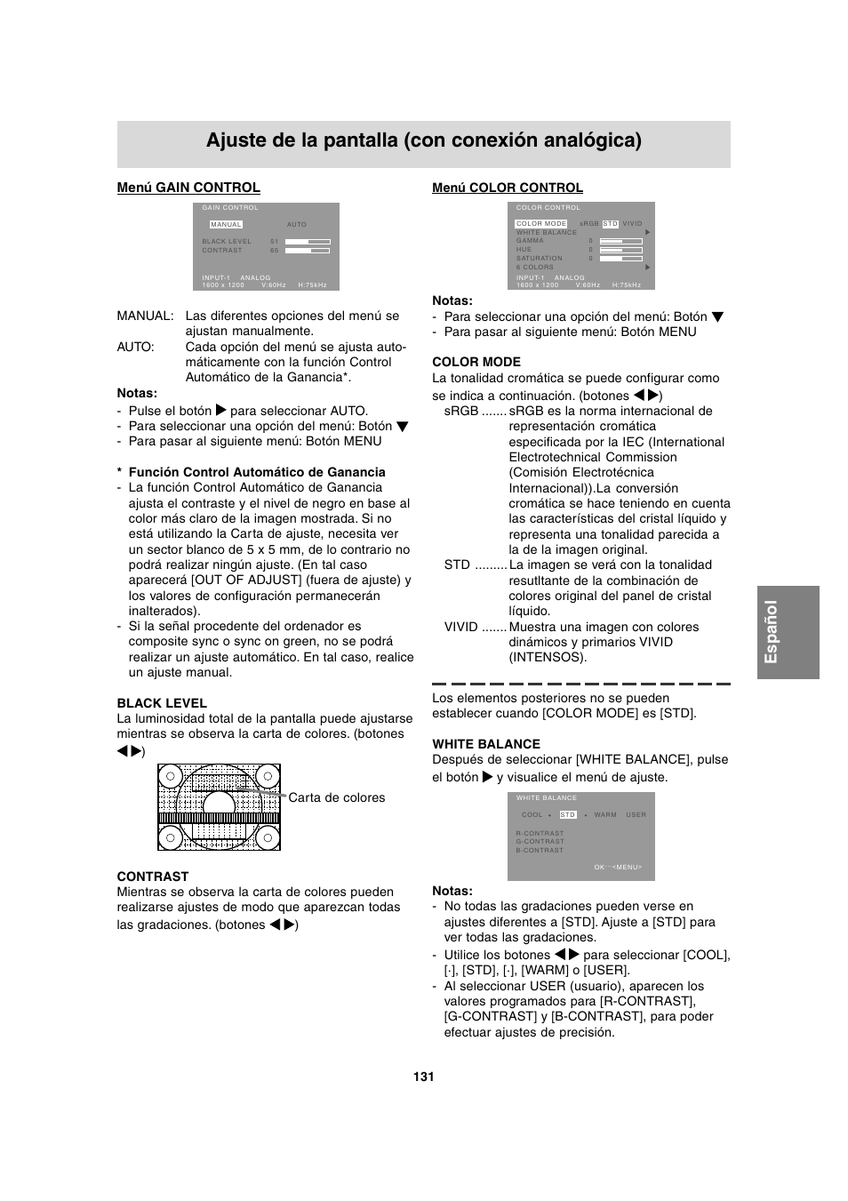 Ajuste de la pantalla (con conexión analógica), English deutsc h français italiano español english, Menú gain control | Sharp LL-T2020 User Manual | Page 131 / 148